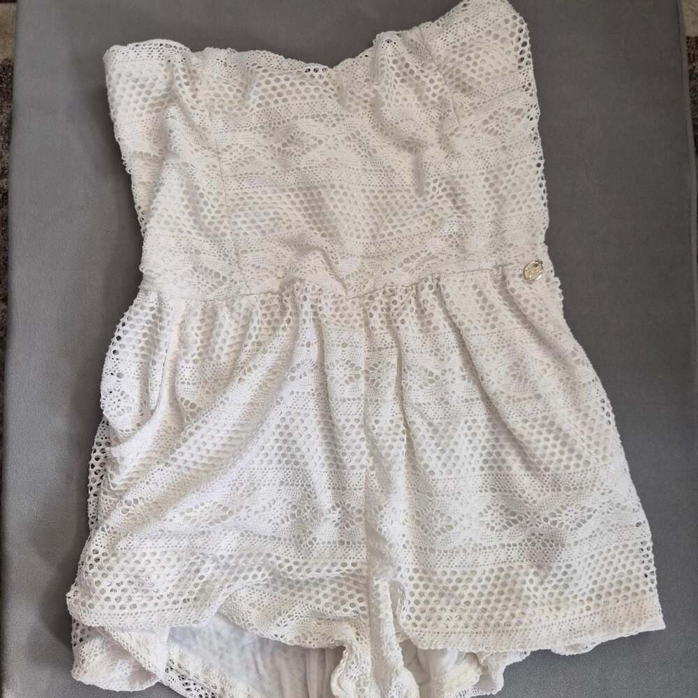 Guess Cream Eyelet Lace Strapless Romper